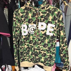 Bape Green Brown Camo Zip Hoodie with White Logo